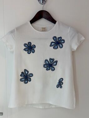 Zara White Tee with Blue Floral Appliqués